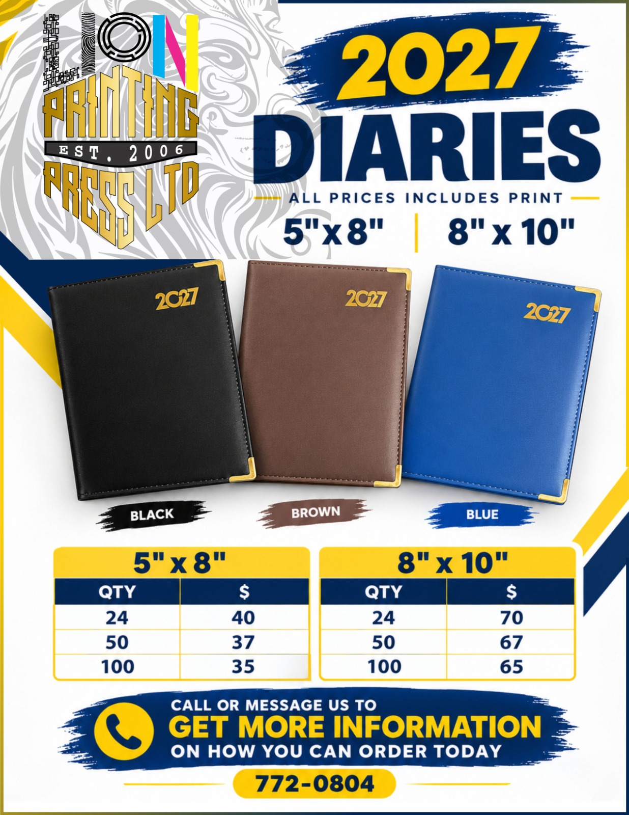 Original 2027 diary advertisement showing the quantity prices for both sizes